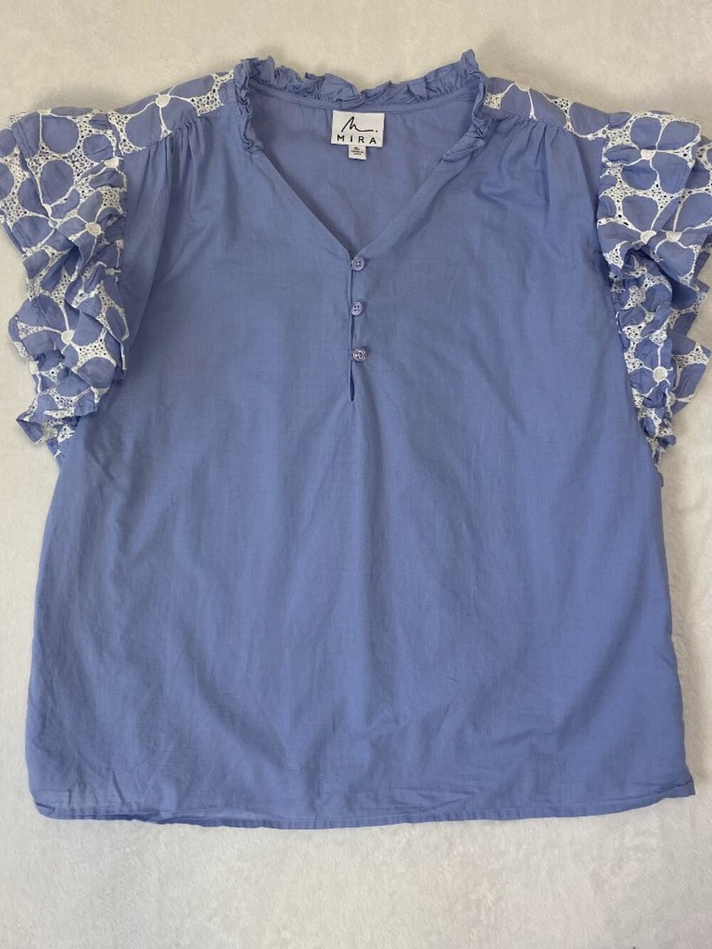 Mira Blue Ruffle Sleeve Blouse V-Neck Size XL Boho Spring